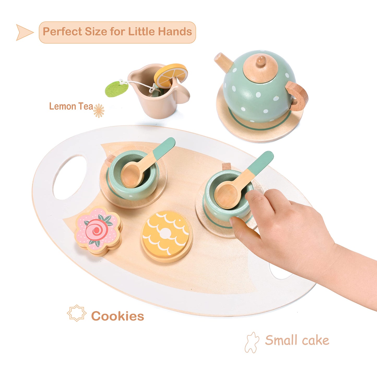 15pcs Wooden Tea Set for Little Girls, MONT PLEASANT Wooden Toys, Toddler Tea Set Play Kitchen Accessories Play Food playset for