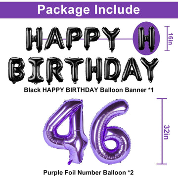 Naninuneno 46Th Birthday Decorations Set For Girl Women Boy Men, Purple Black 46 Happy Birthday Balloons Supplies With Purple Nu