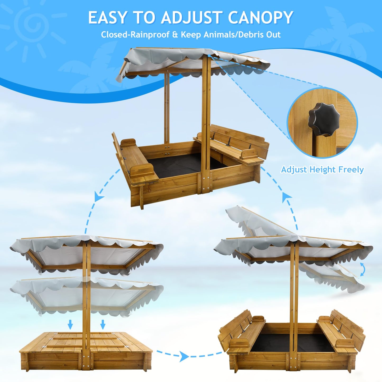 Kids Sandbox With Lid, Wooden Sand Box With Cover Outdoor, Uv-Protection & Natural Wood, Foldable Bench Seat, Adjustable Canopy,
