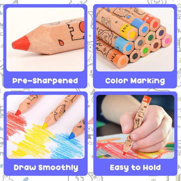 Theast 24 Short Jumbo Colored Pencils, Cute Animal Pencils For Kids Ages 3-12, Hexagonal Thick Pencils With Sharpener, Toddler Coloring Pencils Set, Pre-Sharpened(2 Sets Of 12)