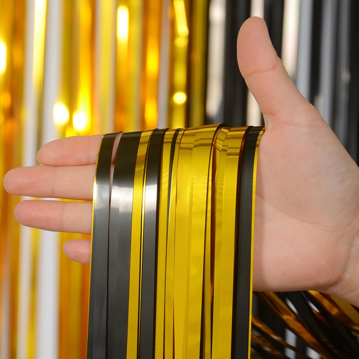 Melsan Foil Curtain Tinsel Backdrop - 3.2ft X 8ft Black and Gold Fringe Curtain Photo Streamers Backdrop for Halloween, Graduati
