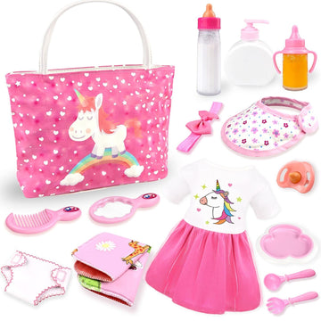 Bnuzeiyi Baby Doll Accessories -Baby Doll Feeding And Caring Set With Diaper Bag Bottles For Girls Toys Gift, Stuff Doll Clothes Fit 14-16 Inch Doll And 18 Inch Doll