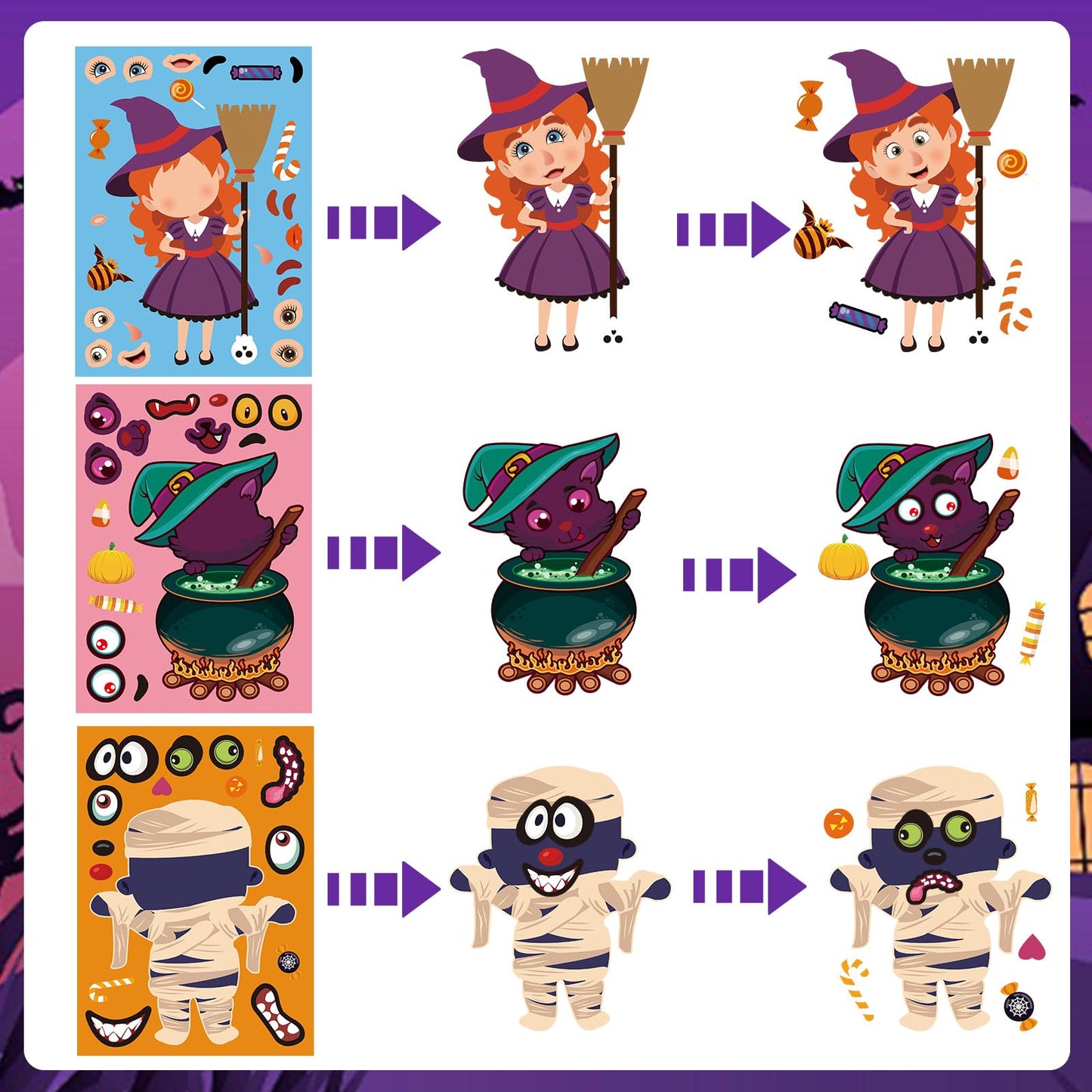 DECYOOL 36 Pack Halloween Stickers, Halloween Make a Face Stickers Vampires Witches Ghost Make Your Own Stickers for Halloween C