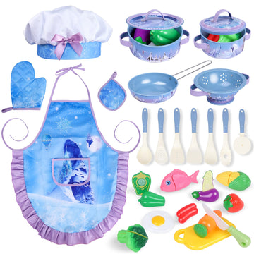 Magic4U Kids Cooking Set With Toddler Chef Costume, 28Pcs Play Kitchen Accessories Including Apron, Pots And Pans Sets, Play Foo