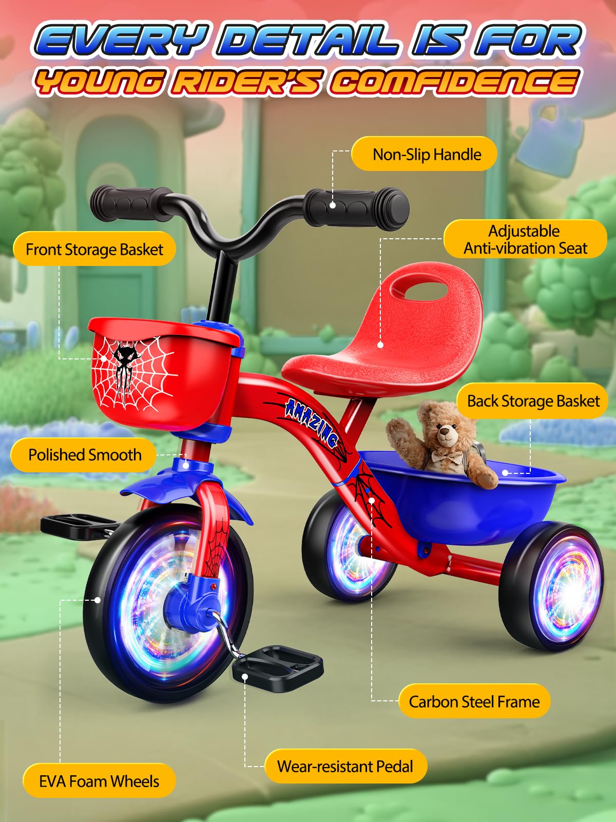 Tricycle For Toddlers 1-3 3-5 Year Olds, Spider Toddler Bike Baby Balance Bike With Colorful Lighting Wheels & Large Basket, Bir