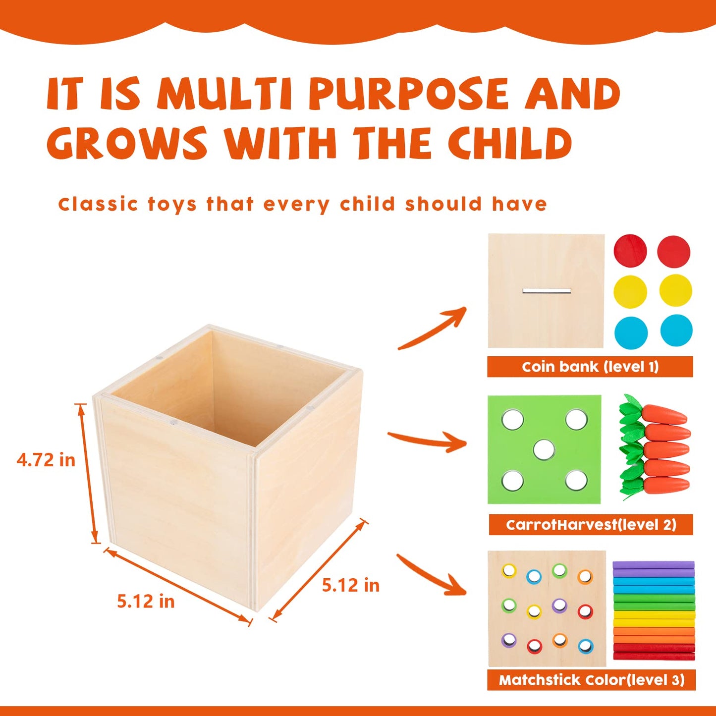 Montessori Toys For 1+ Year Old Baby Gifts,Play Kit Box Includes Carrot Harvest Games,Infant Coin Box,Fine Motor Skills Toys And Object Permanence Box,Montessori Toys For Babies 6-12 Month(4-In-1)