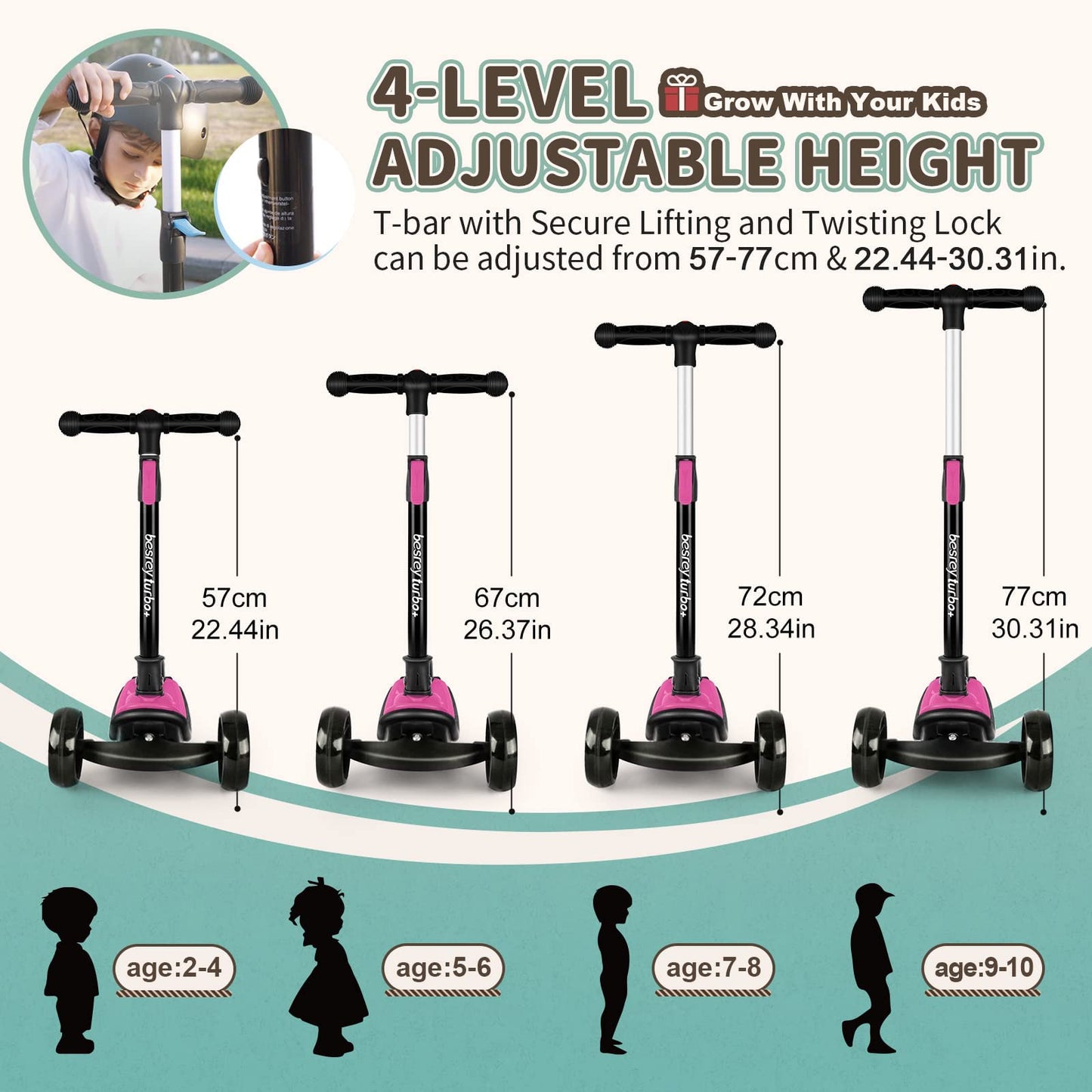 Besrey Kick Scooter For Kids Ages 3-8, 3 Wheel Scooter For Kids With Adjustable Height, Folding Kids Scooter With Led Light Whee