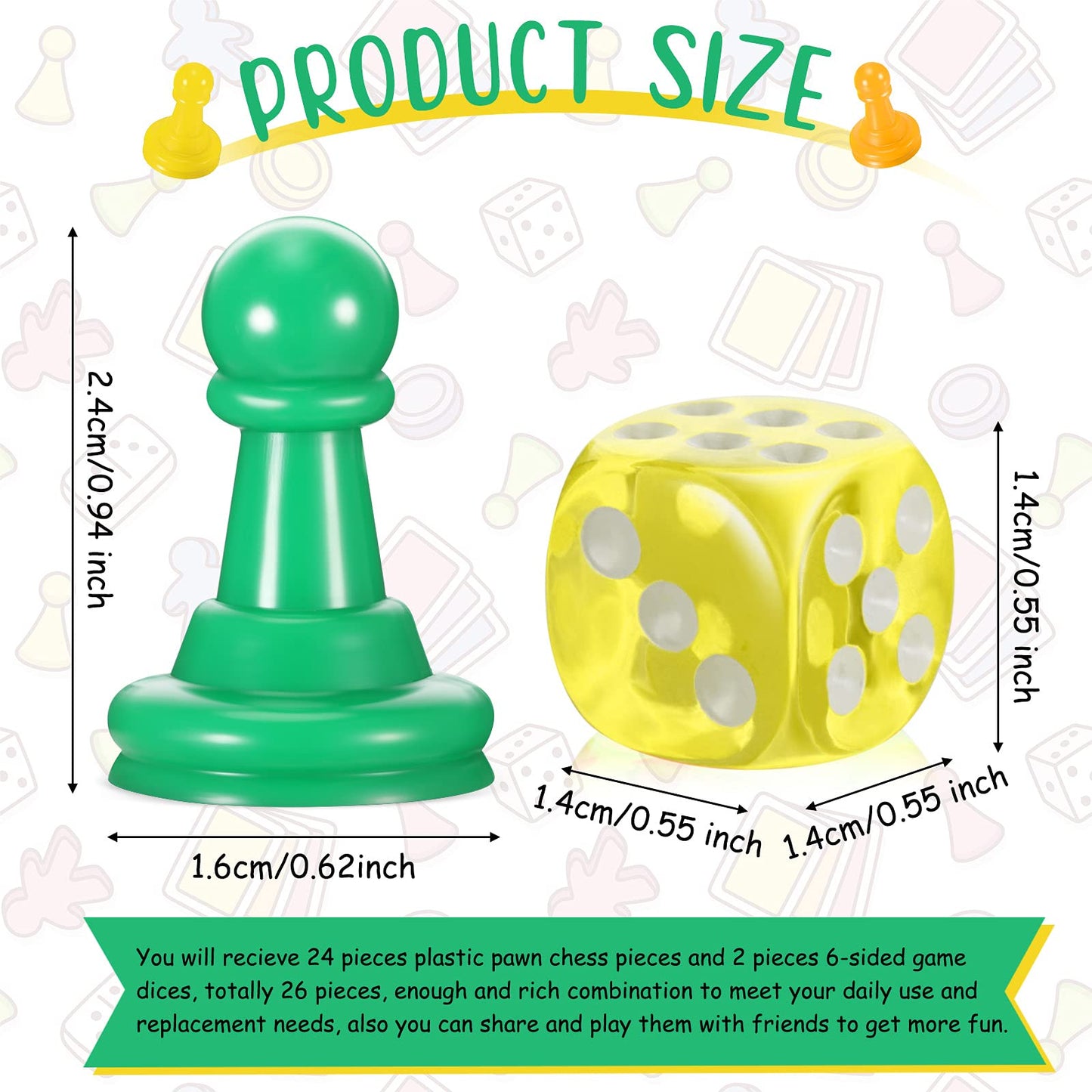 26 Pieces Multicolor Board Game Pieces and Dice Include 24 Multicolor Plastic Pawn Chess Pieces and 2 Plastic 6-Sided Game Dices  Chess Game Pieces Dice Set for Board Game Components Table Marking