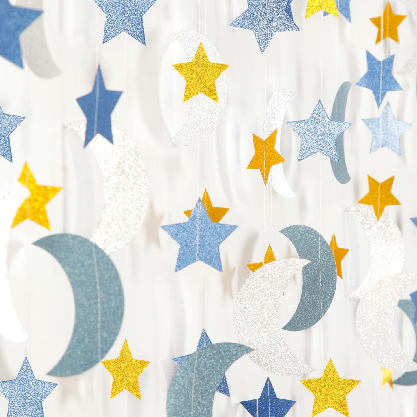 Blue-Gold Silver Party-Decorations Moon-Star Garland - 62Ft Twinkle Little Star Hanging Streamers Banner,Eid Ramadan Mubarak Dec