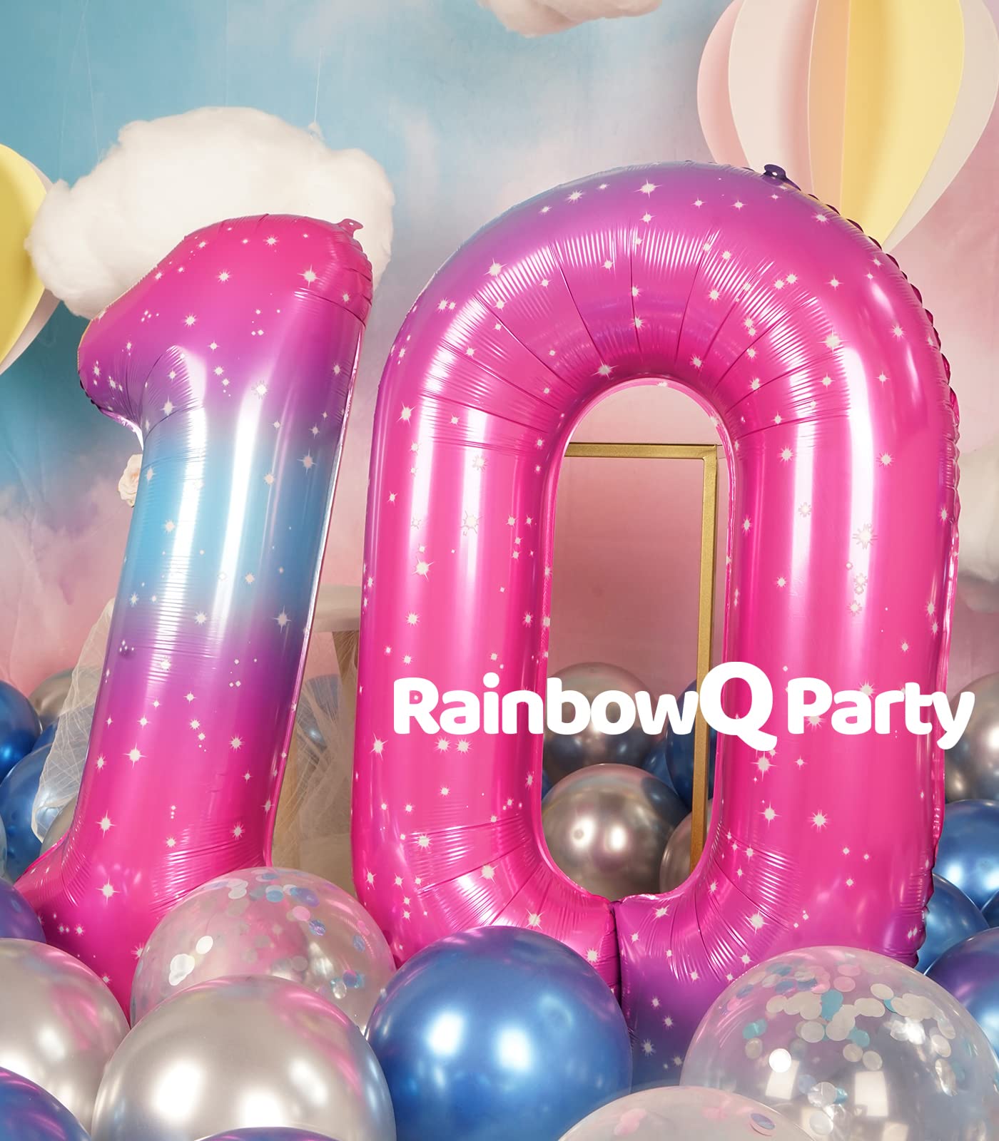 Rainbowq Party 10 Balloon Number 40 Inch For Boy Or Girl Big Starry 0-9 Foil Mylar Large 10 Number Balloons Happy 10Th Birthday