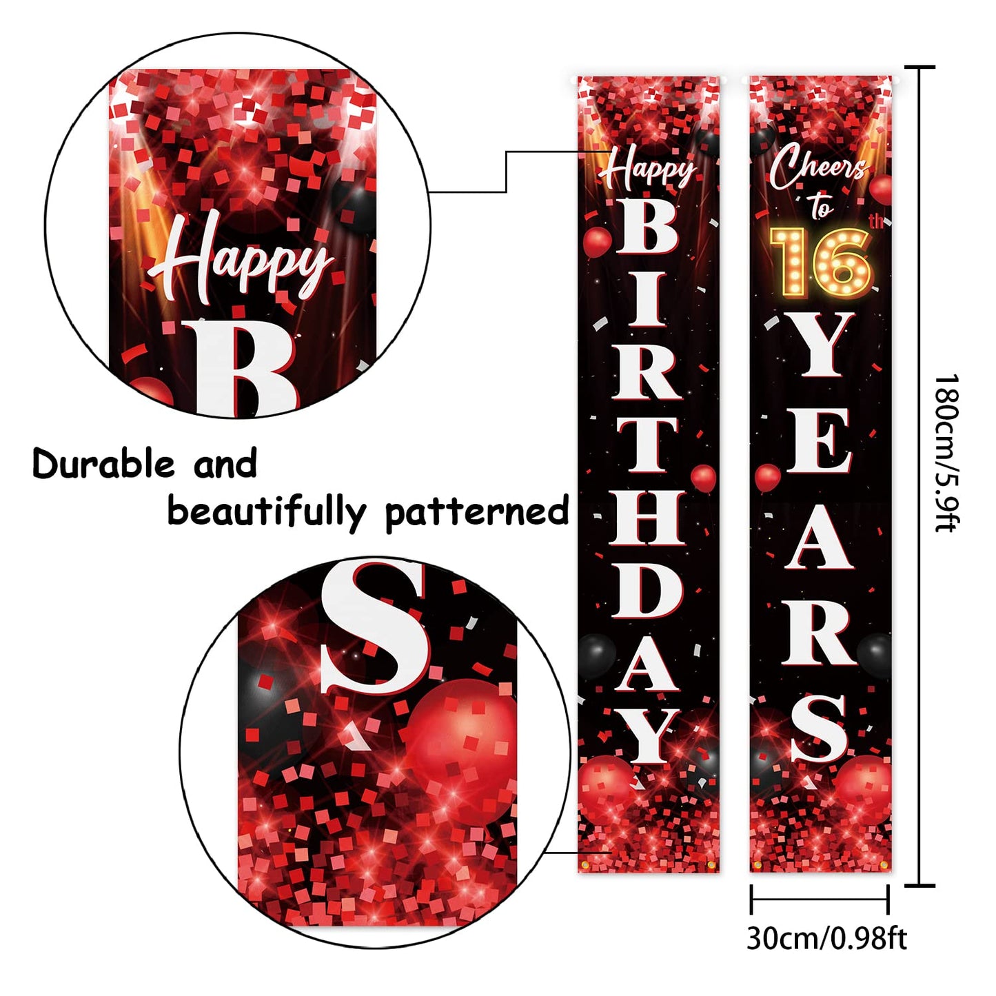 Happy 16Th Birthday Porch Sign Door Banner Decor Red And Black - Glitter Cheers To 16 Years Old Birthday Party Theme Decorations