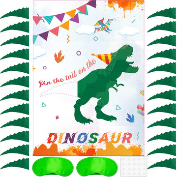 Pin The Tail On The Dinosaur Game -Dinosaur Party Games For Kids Boys With 21'' X 28'' Poster, Reusable Tails Party Supplies For