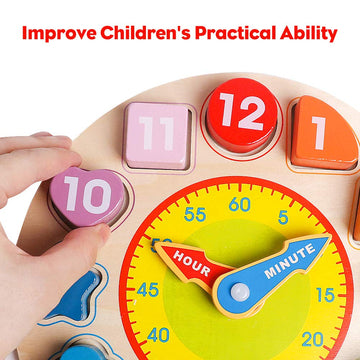 Skrtuan Wooden Shape Color Sorting Clock- Teaching Time Number Blocks Clock Shape Sorting Puzzle Montessori Early Learning Educational Toy Gift For 1 2 3 Year Old Toddler Baby Kids