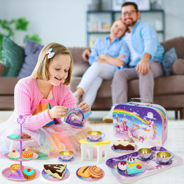 KMUYSL Tea Party Set for Little Girls, Kitchen Pretend Toy for Kids 3 4 5 6 Year Old, Girls Toys with Tin Tea Set, Desserts & Ca