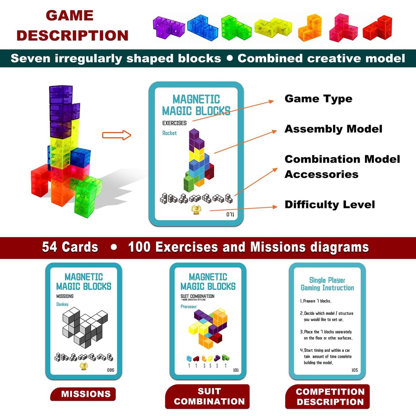 Ouxia Magnetic Building Blocks Magic Magnetic 3D Puzzle Cubes, Set Of 14 Multi Shapes Magnetics Blocks With 108 Guide Cards,Pare