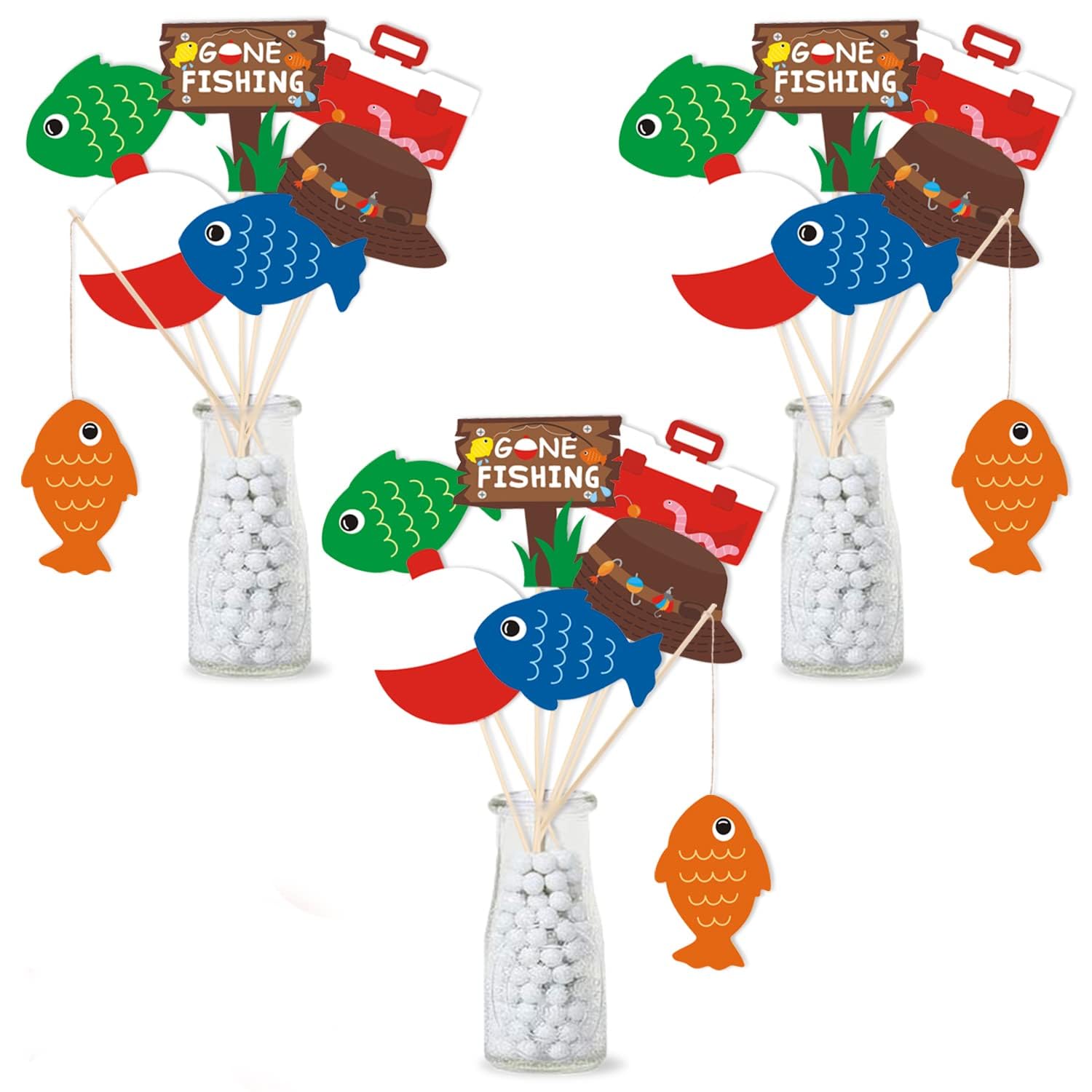 21 Pack Gone Fishing Theme Little Fisherman The Big One Party Centerpiece Sticks Bobber Table Toppers Kids Fishes Reel Fun Birth