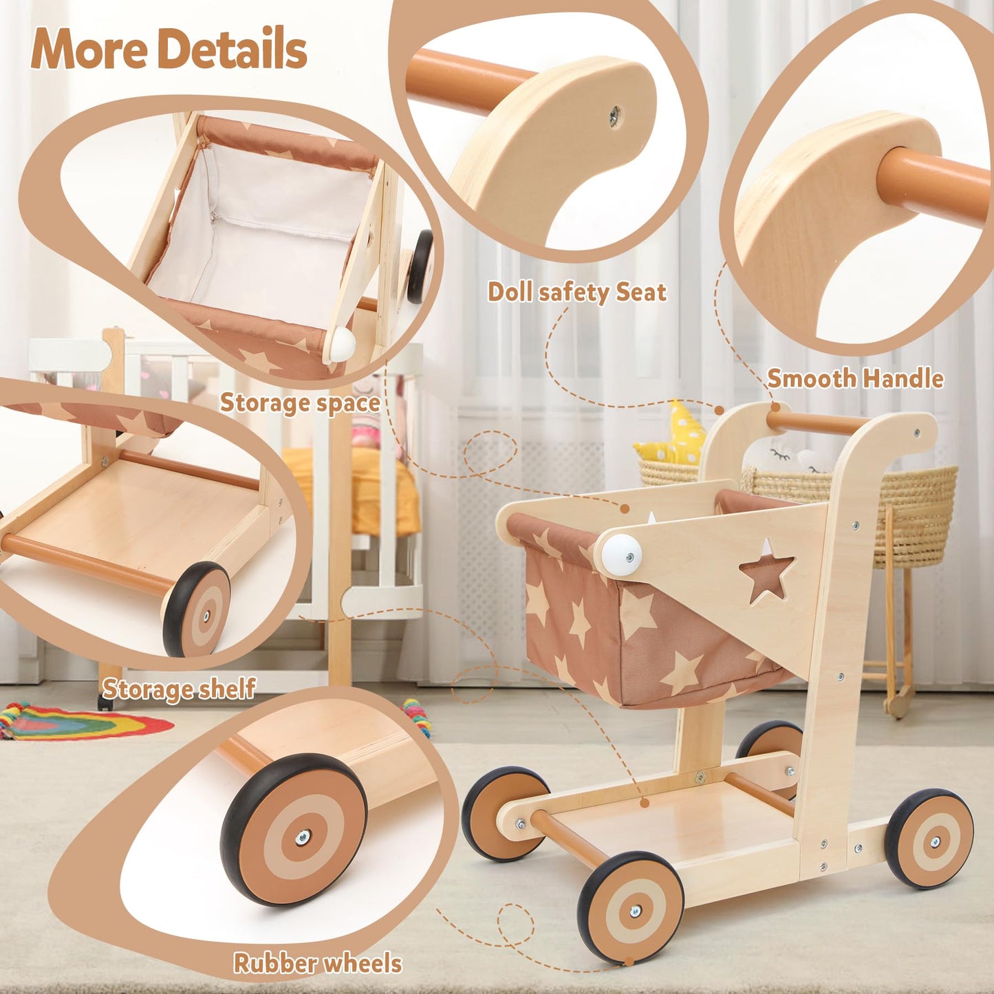 Asweets 2 In 1 Wooden Baby Walker Push And Pull Doll Stroller,Shopping Cart Learning Walker For Boys And Girls Sit Stand Learning Walker Toddler Toy (Brown)