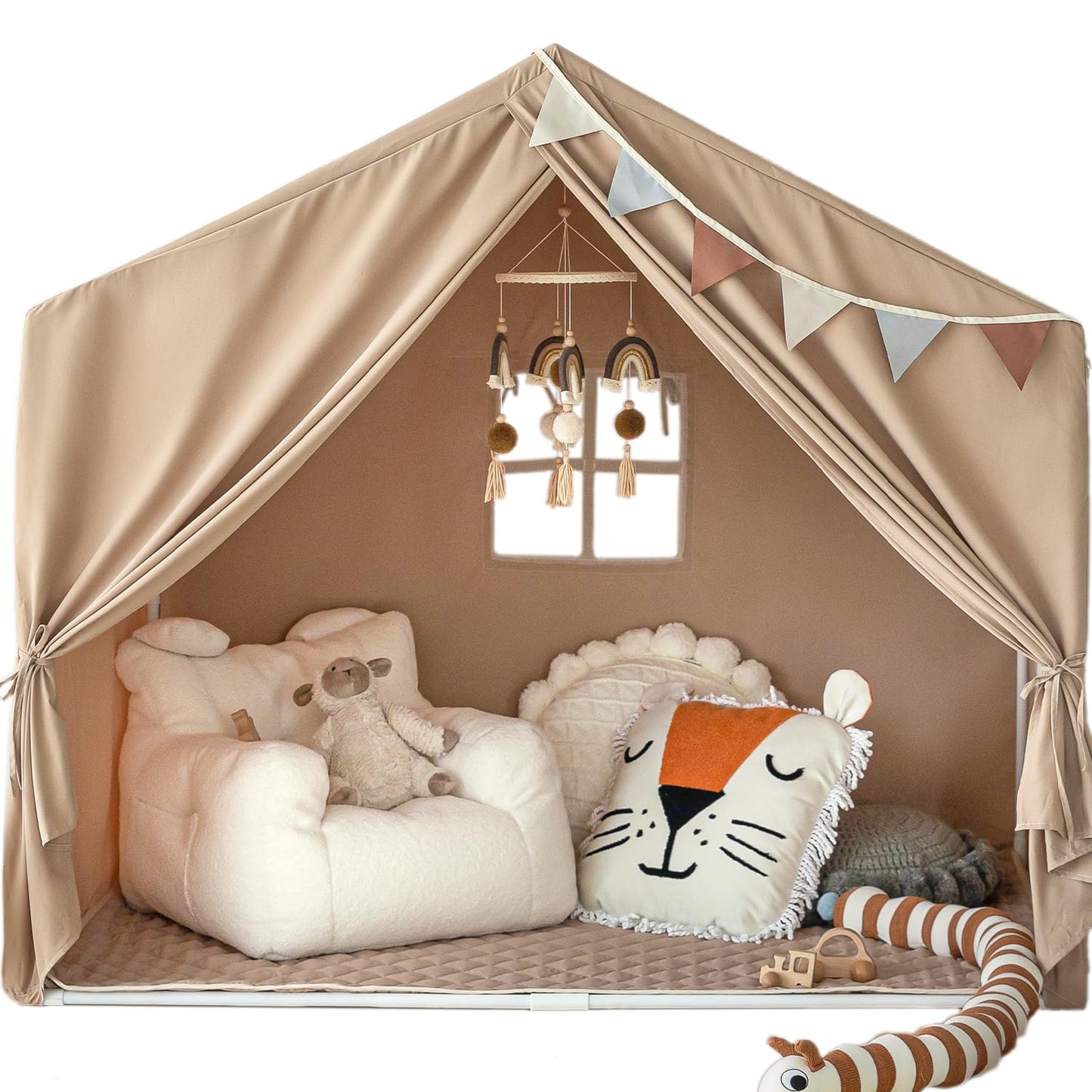 Razee Kids Play Tent With Mat, Large Playhouse Tent Indoor, Play House Kids Tent Castle Tent For Girls Boys, Play Cottage (Khaki)