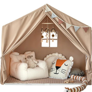 Razee Kids Play Tent With Mat, Large Playhouse Tent Indoor, Play House Kids Tent Castle Tent For Girls Boys, Play Cottage (Khaki)
