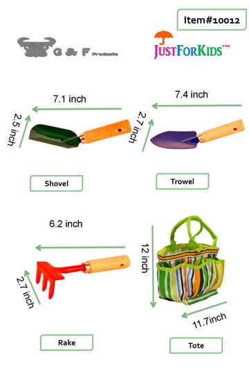 G & F 10012 Justforkids Kids Garden Tools Set With Tote Hand Rake Shovel Trowel,Assorted