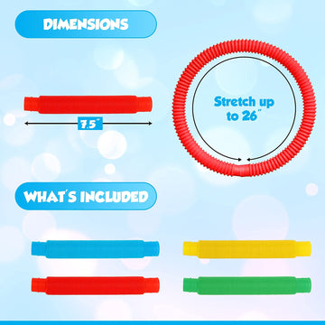 Pop Tubes Sensory Toys 4 Pack, Fine Motor Skills Toddler Toys, Thick Fidget Sensory Toys For Kids And Adults, Learning Toys, 7.5' Stretches Up To 26' By Playkidz (4 Pack)