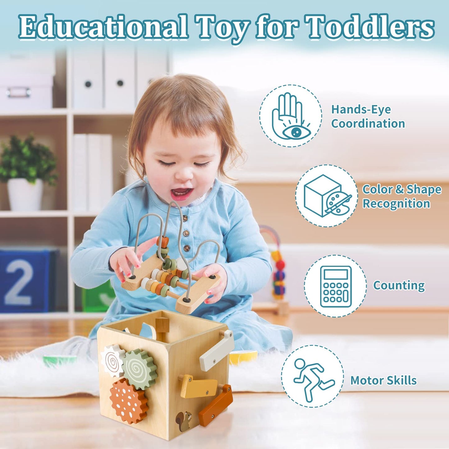 Smartwo Wooden Activity Busy Cube Montessori Toys For 1 Year Old, 6-In-1 Activity Center Baby Bead Maze Toys, Sensory Shape Sort