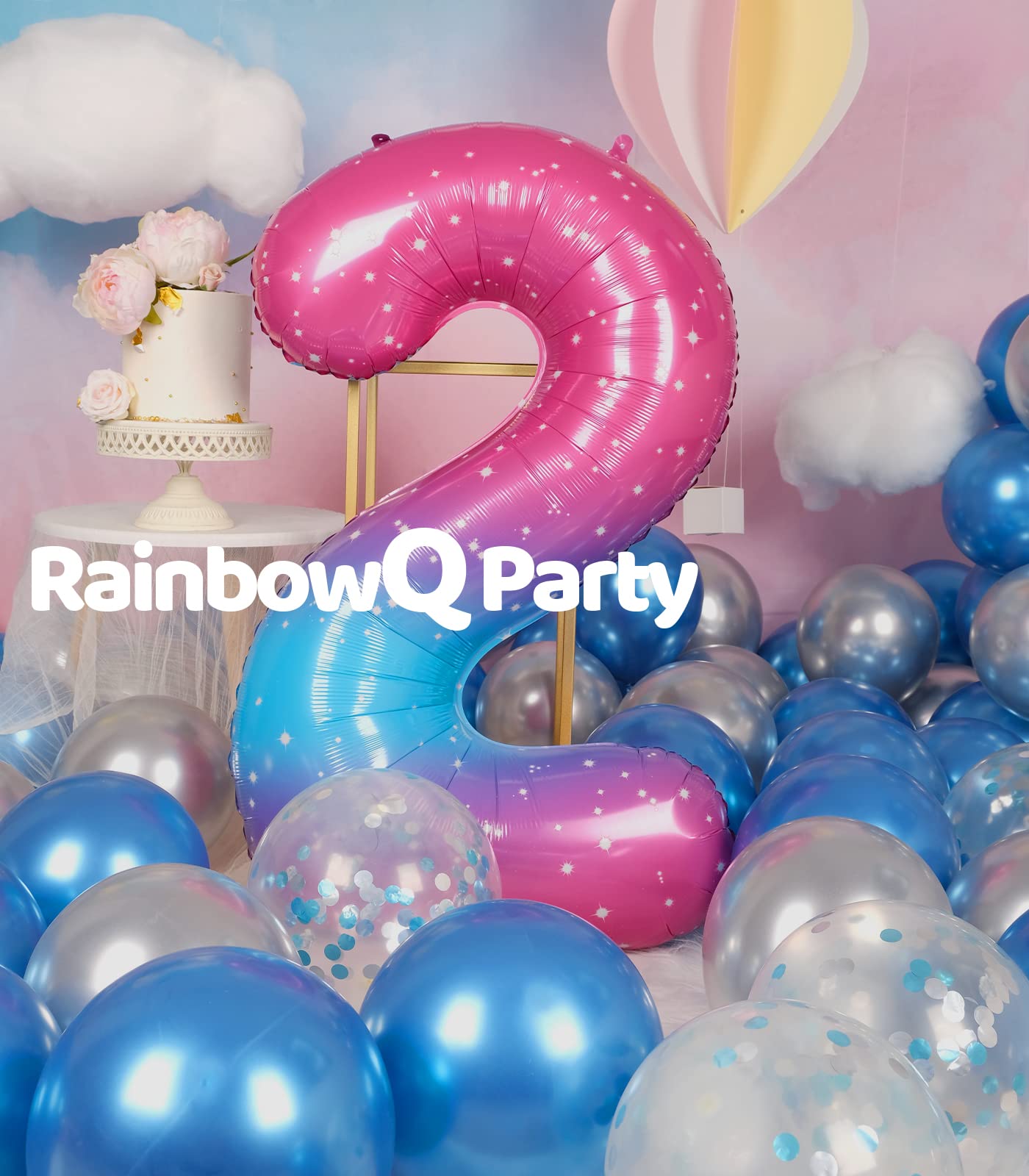 Rainbowq 2 Balloon Number 40 Inch For Boy Or Girl Big Starry 0-9 Foil Mylar Large 2 Number Balloon Happy 2Nd Birthday Party Anni