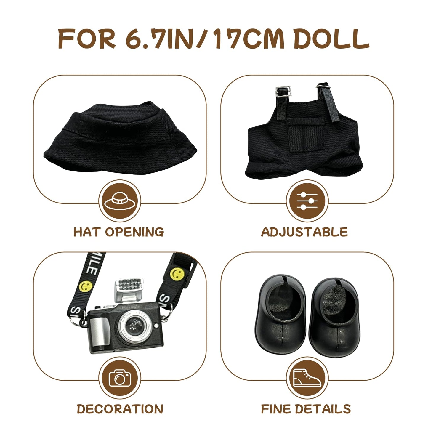 17cm Light Purple Outfit Set (Doll Not Included) - Bucket Hat  Overalls Shorts  Mini Camera & Shoes  Cute Style for 17cm Doll Dress-up (Black SC)
