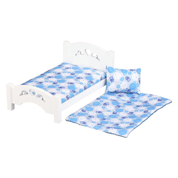 Dollhouse Furniture Mini Kid’S Bed Set, Realistic Bedroom Accessories For 6 Inch Dolls, Pink Bedding, White Wood, 1/12 Scale