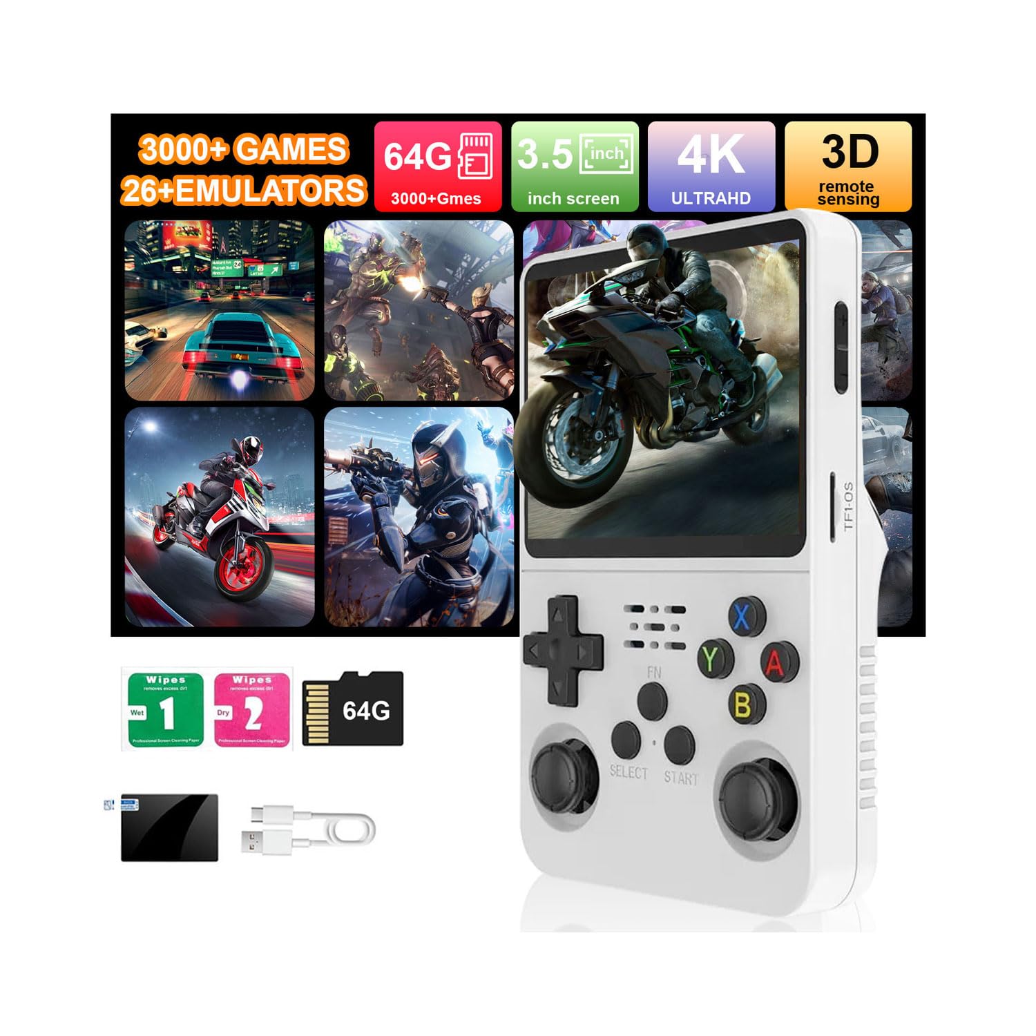 R36S Handheld Game Console  3.5 IPS Screen Retro Game Emulator with Open Source System  Portable Video Gaming Player with Built in 3000+ Games  64GB TF Card  Gift for mature-themeds Teens Kids  White
