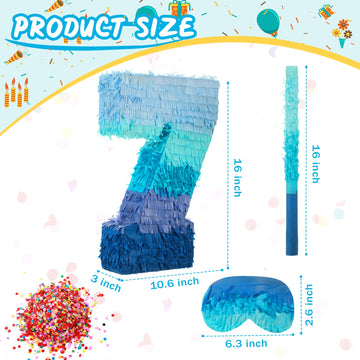 Number 1 2 3 4 5 6 7 8 9 Piñata With Stick Blindfold Confetti, Gradient Blue Piñata For Kids Birthday Party Large Blue Piñata For Boys Girls Birthday Anniversary Decoration Supplies(Number 7)