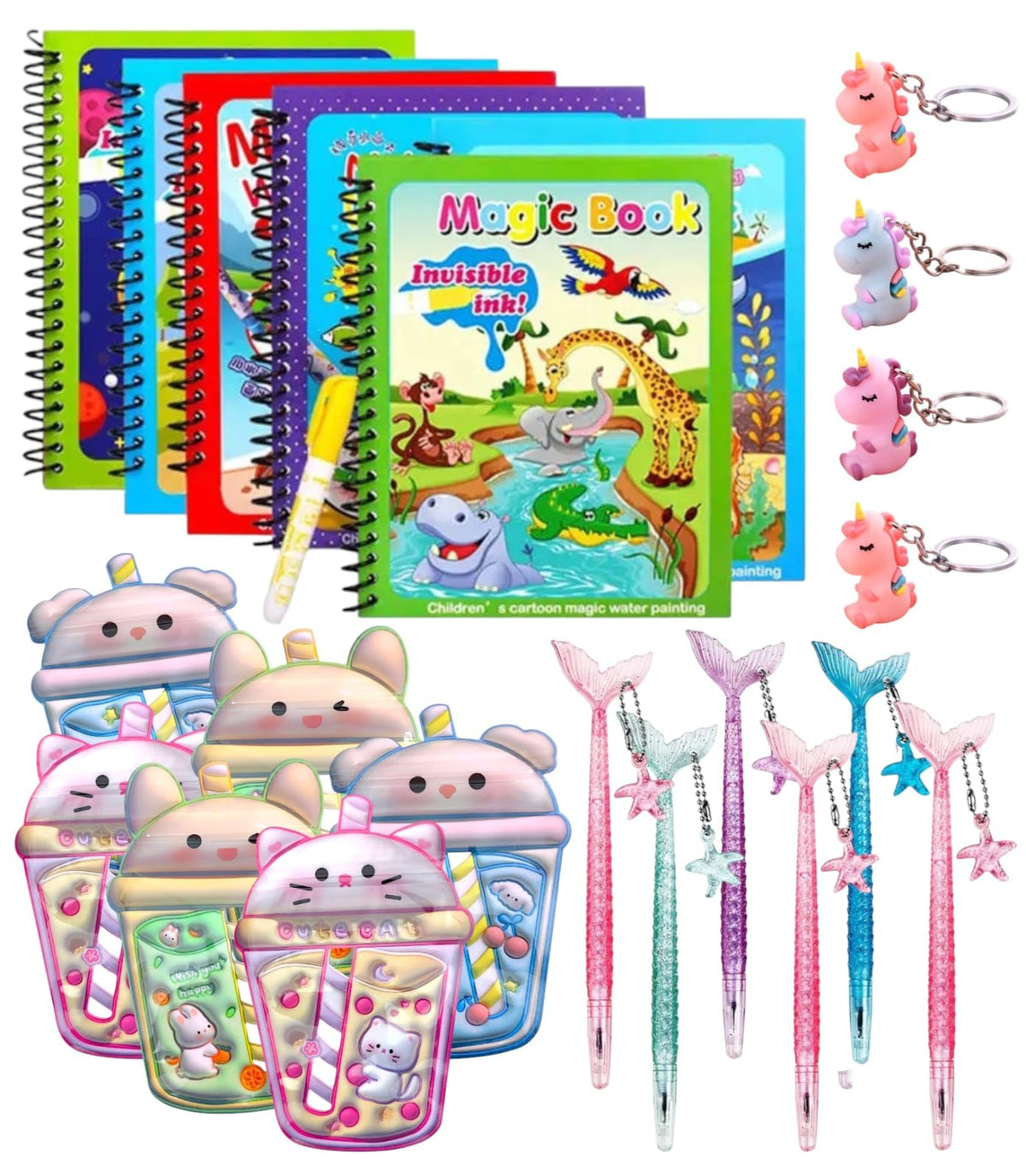 AMYCAUR Magic Water Coloring Book Set for Kids  Pack of 24 (6 Magic Water Books, 6 Pens, 6 Keychains, 6 Cute Pouches) Reusable 
