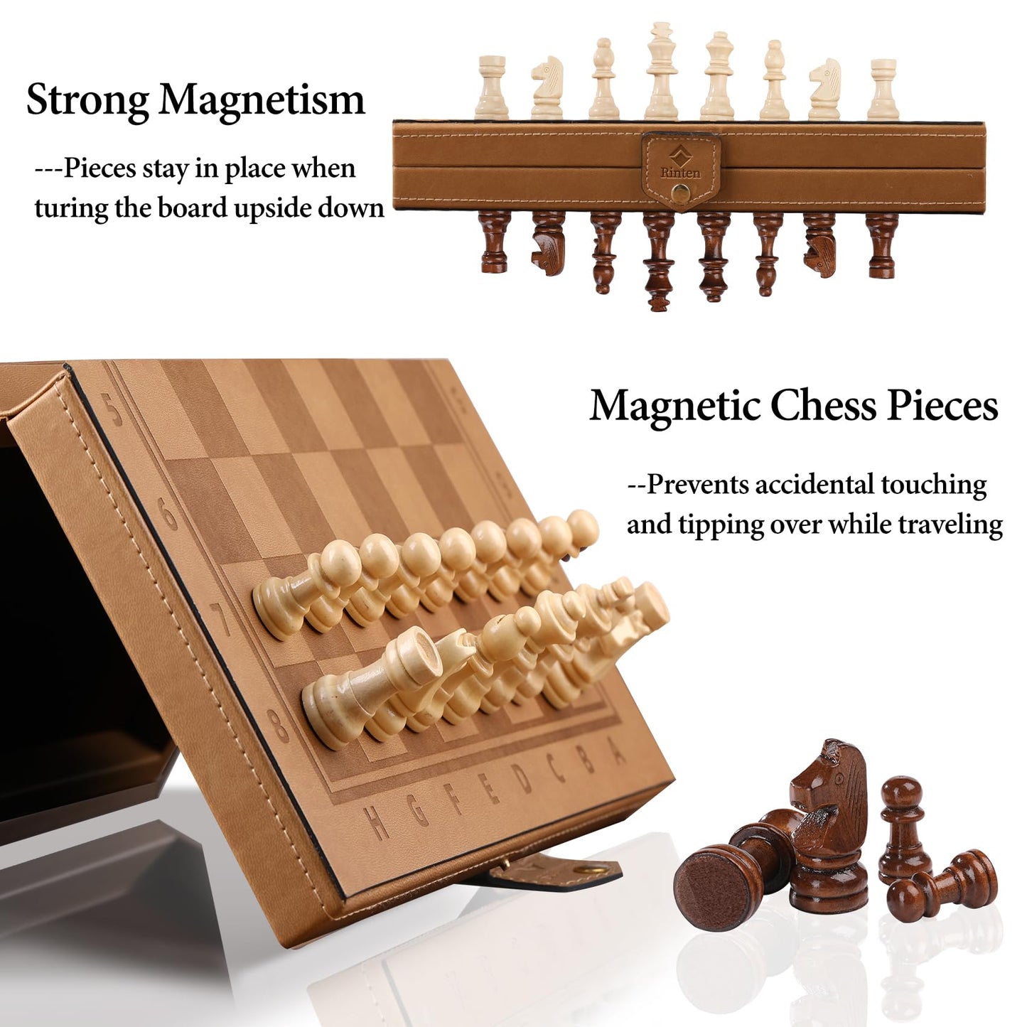 Rinten Chess Set Board For Kids & Adults, 12'' Leather Travel Magnetic Chess & Checkers Folding Board 2 In 1 Sets, Portable Fold