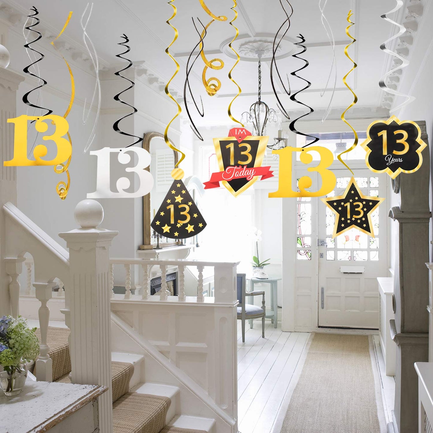 LINGTEER Happy 13th Birthday Decorations,13th Birthday Black with Gold Swirls Hanging Streamer Kit,Cheers to Thirteen Years Old