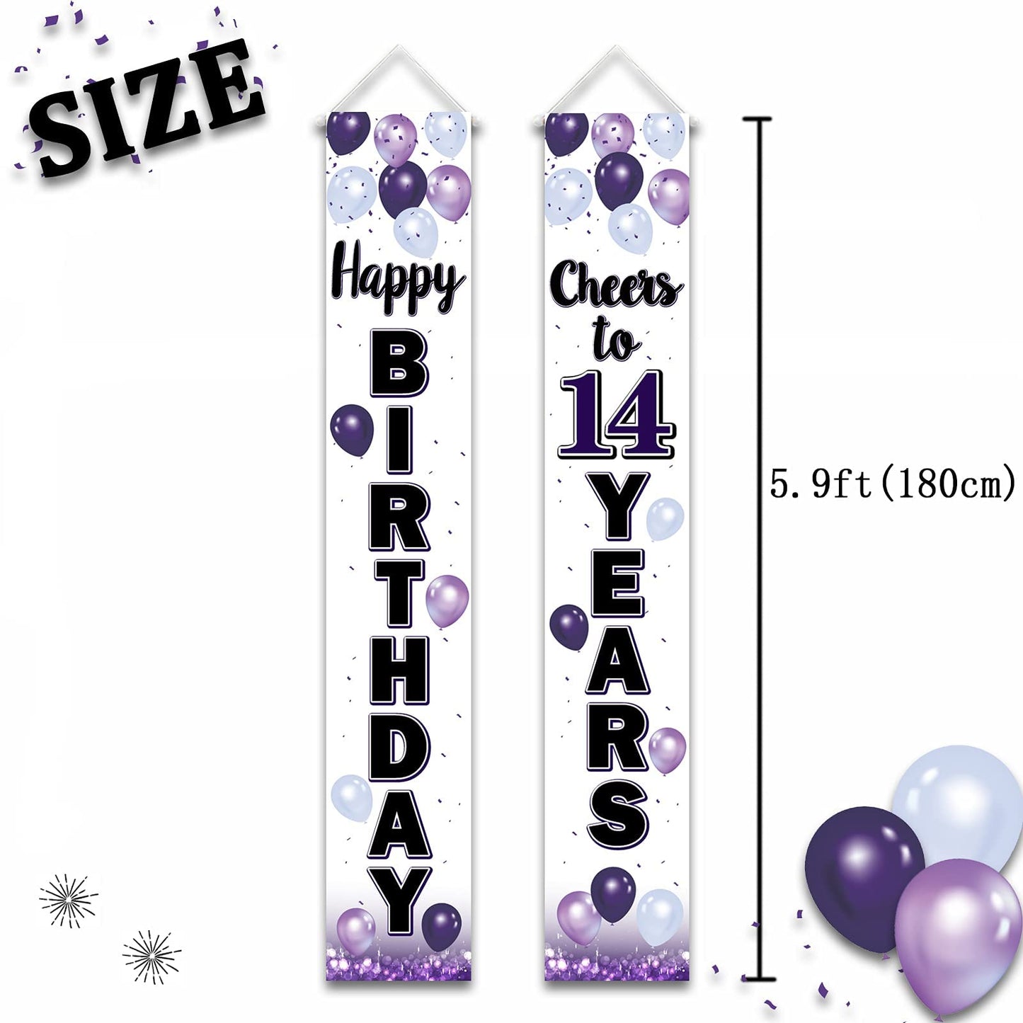 LASKYER Happy 14th Birthday Decorations,14th Purple Balloon Birthday Theme Door Hanging Banner Sign,Cheers to Fourteen Years Old