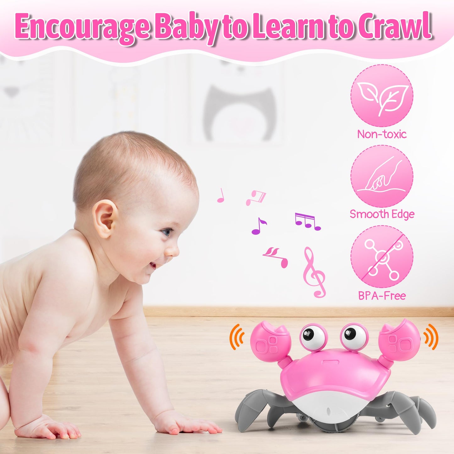 Crawling Crab Baby Girl Toy: Tummy Time Toys For Infant 3 6 9 12 18 24 36 Months, Pink Walking Dancing Sensing Crab For Toddler Age 1 2 3 4, 1St Music Birthday Gifts For Girls