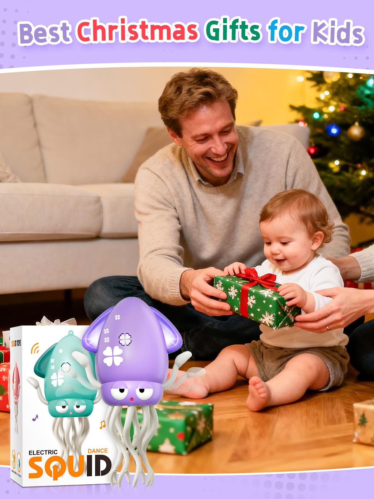 Dancing Squid Baby Toy Gifts, Dancing Octopus Tummy Time Toys, Crawling Octopus with Music and Light, Squid Baby Toy for 3 4 5 6