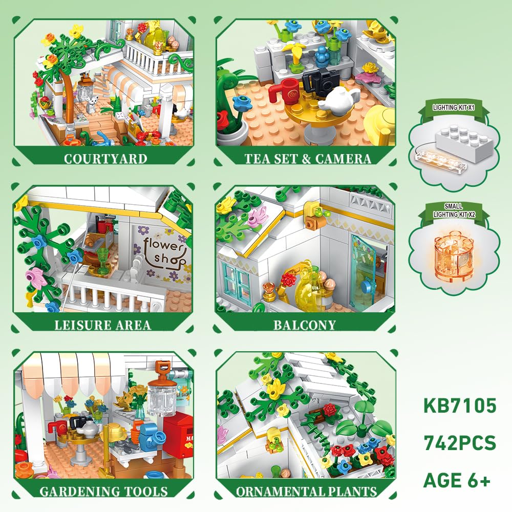 Jimujia Flower Shop Building Blocks Toy Set 742 Pieces Girl'S Favorite Flowers House Building Set Coffee Shop Gift For Kids Cons