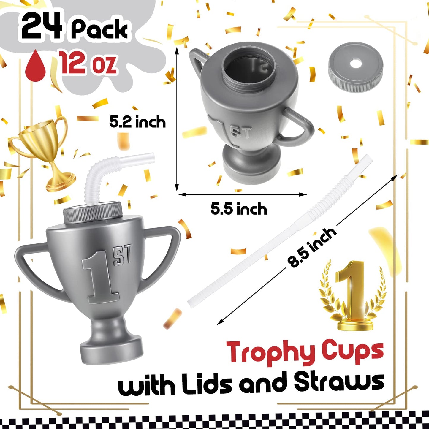 Amyhill 24 Pcs Race Car Trophy Cups With Straws and Lids 12 Oz Plastic Race Car Birthday Party Supplies And Favors For Kids Adul
