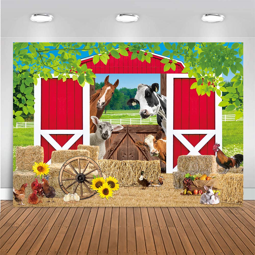 BAIFNEZ Farm Animals Backdrop Red Barn Farmhouse Barnyard Party Banner 7x5FT Country Farm Birthday Party Decorations for Kids Ba