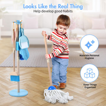Whoholl Wooden Toddler Cleaning Set, Blue Toys Montessori Toys For 3+ Years Old Boy, Housekeeping Play Set Includes Broom Mop Du