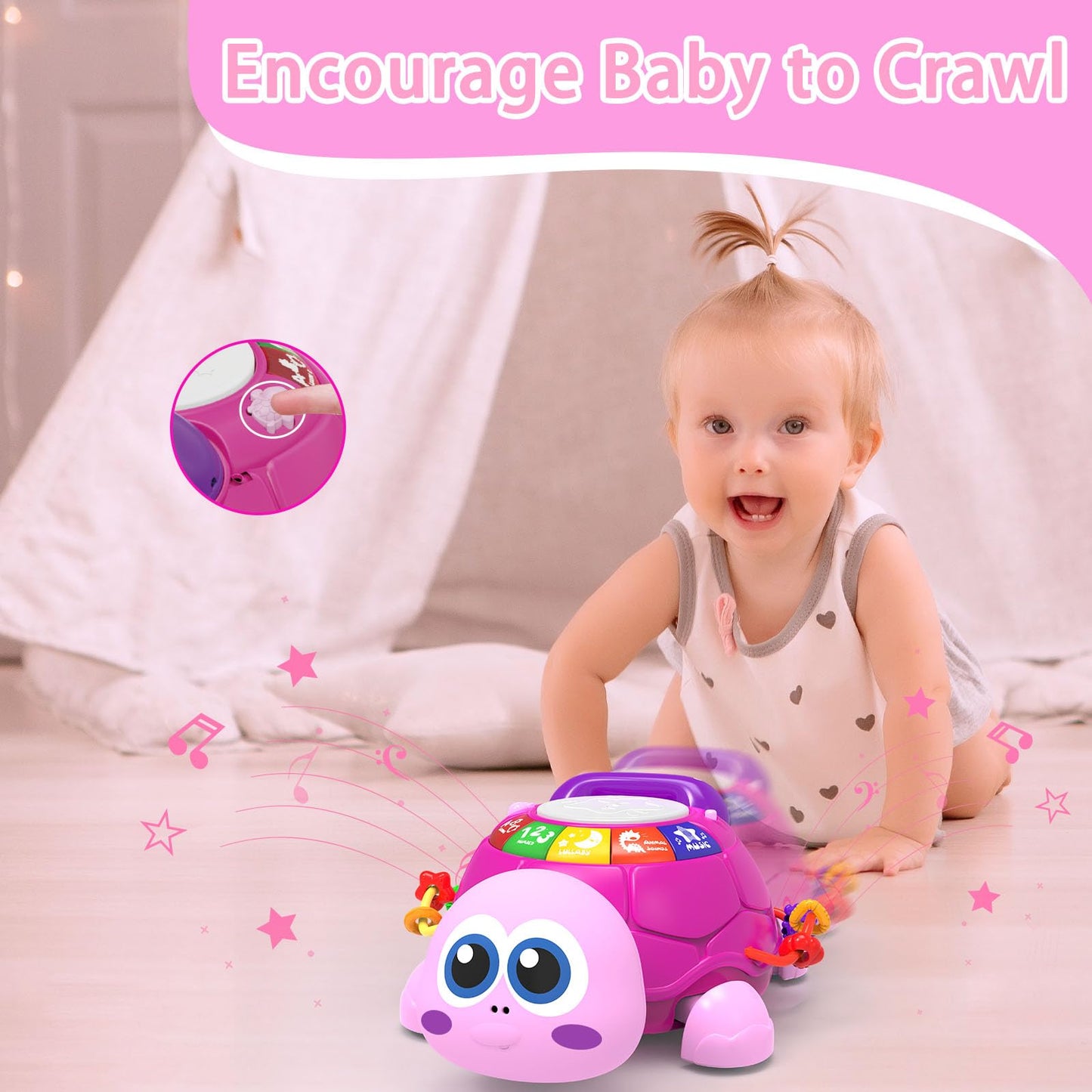 Ussybaby Baby Infant Light Up Music Turtle Toys, Baby Toys 6 To 12 Months With Phone, Baby Crawling Girl Toys 7 8 9 10 11 Months