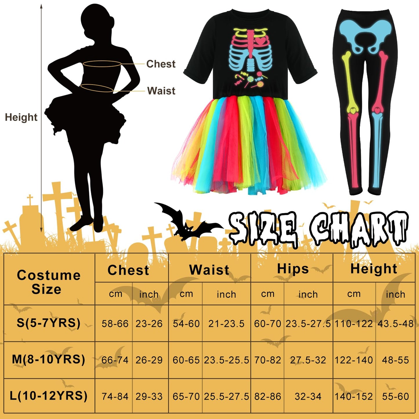 Croloose 5 Pcs Halloween Girls Skeleton Costume Glow In The Dark Tutu Skirt, Hair Extensions Headband Pumpkin Packet(6-7Y)