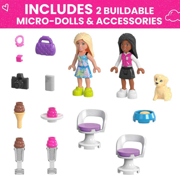 Mega Barbie Car Building Toys Playset, Convertible & Ice Cream Stand With 225 Pieces, 2 Micro-Dolls And Accessories, Pink,