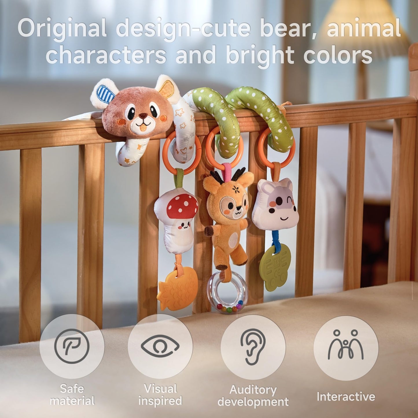 TUMAMA Baby Activity Toy Cute Bear Spiral Toy with Hanging Toys, Clips Detachable Sensory Stimulating Baby Toys 0-3 3-6 Months f