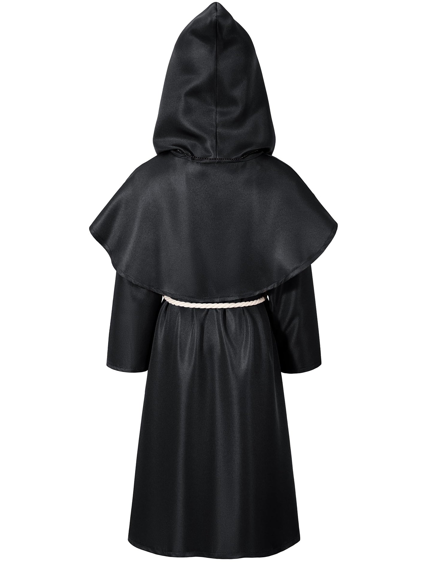 Kids Medieval Renaissance Monk Costume Priest Friar Wizard Cloak Hooded Robe Cosplay Costume Belt Necklace Set(BK 140)