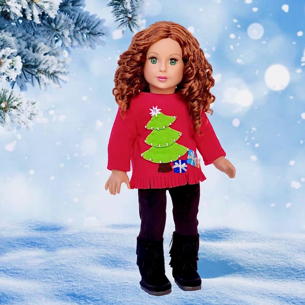 Christmas Sweater - 3 Piece Outfit - Clothes Fits 18 Inch Doll - Red Sweater, Black Pants And Boots. (Doll Not Included)