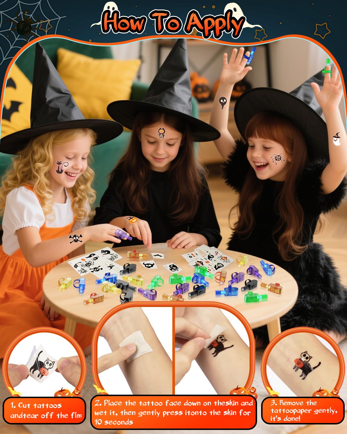 36 Pack Halloween Party Favors for Kids - LED Finger Lights & Glow in The Dark Tattoos Set, Non-Candy Treats, Trick or Treat Gif