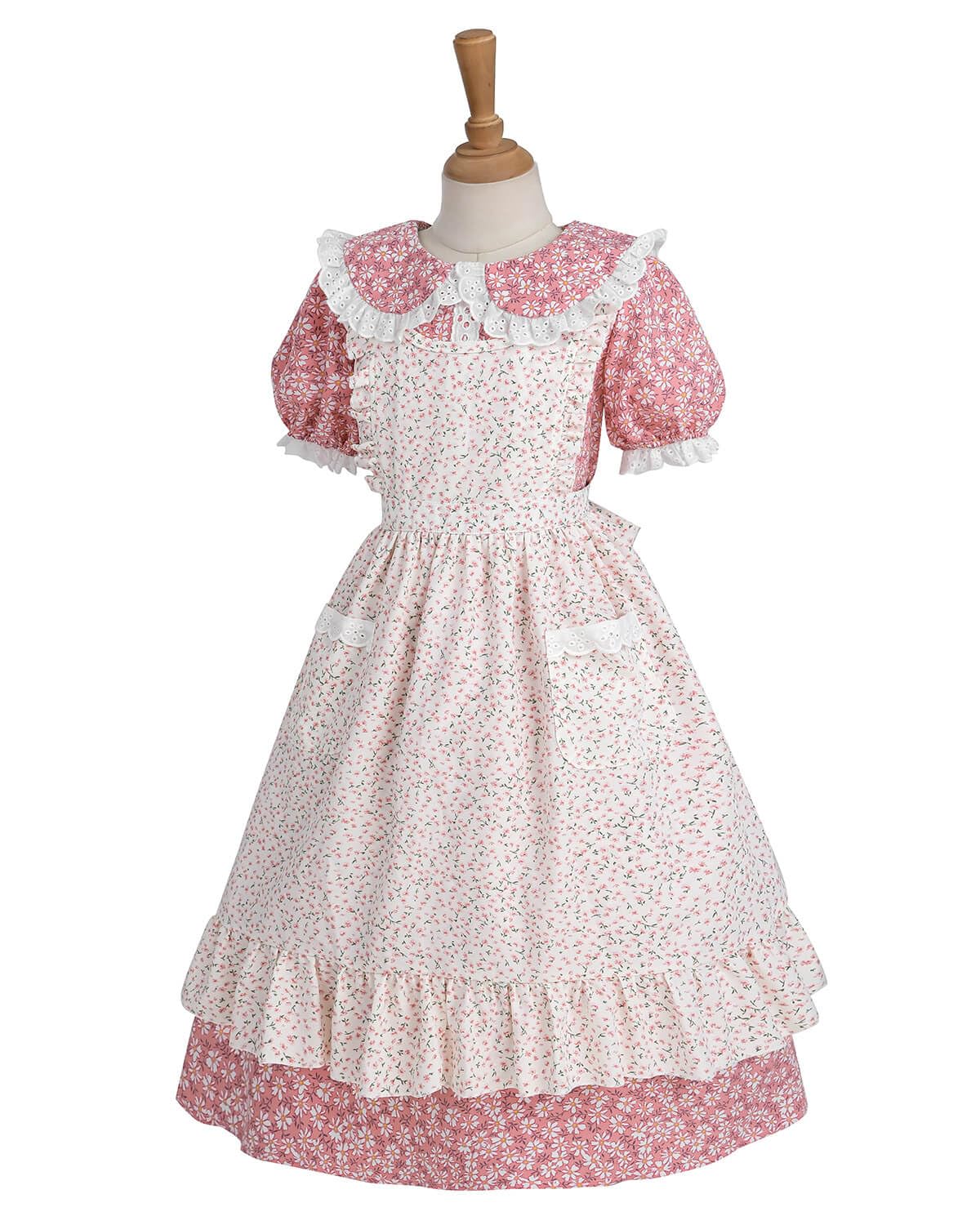 Nuoqi Colonial Costume Girls Prairie Pioneer Dress Laura Ingalls Wilder Costume With Apron Pink, 10-12