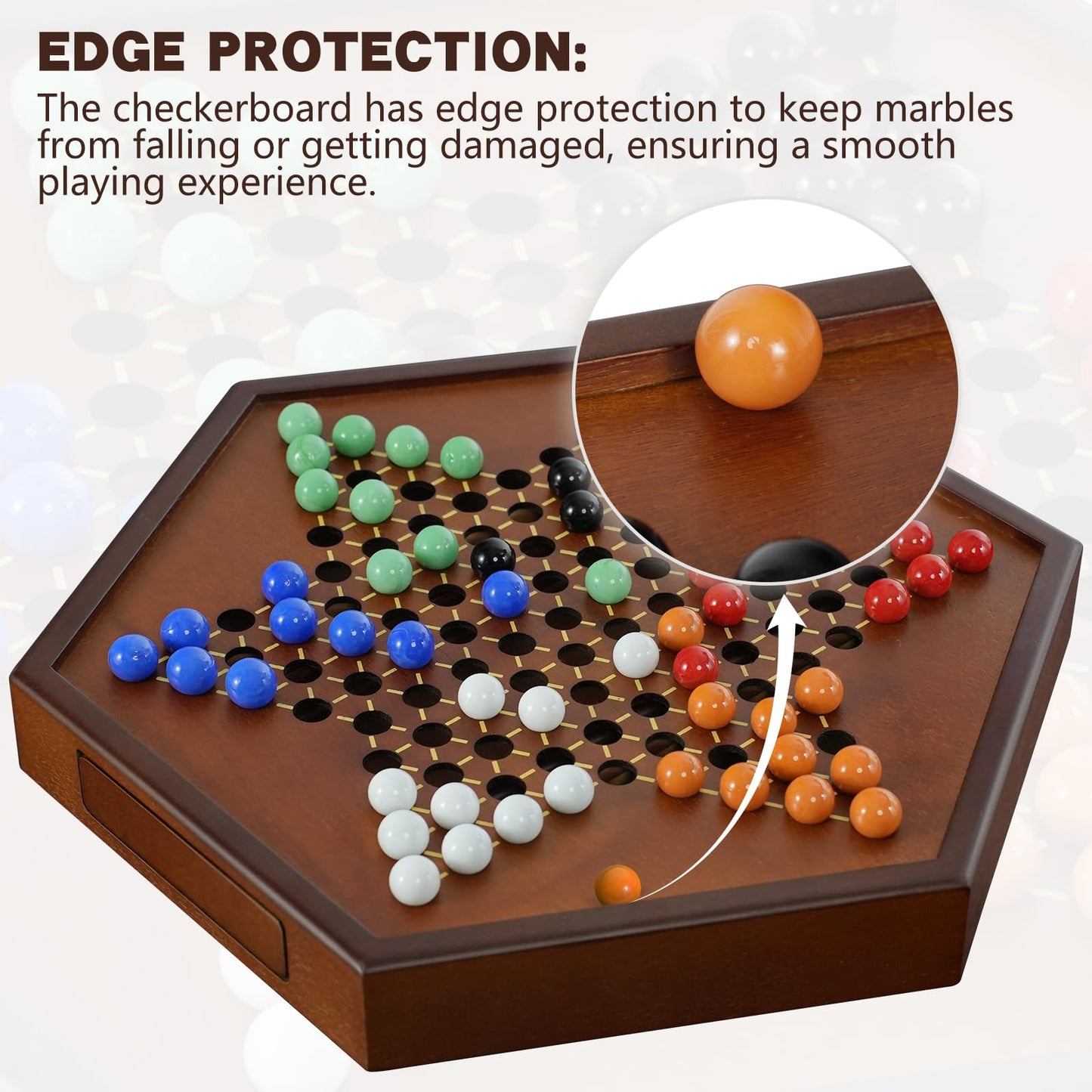 DecoWoodo 15 Large Upgraded Wooden Chinese Checkers Game Board - enhanced 16mm Glass Marbles (60 + 12 Extras)  Easy Grip  Storage Drawer  Ideal Multi-Player Puzzle Game for 2-6 Players